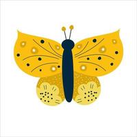 borboleta escandinava isolada. inseto com asas amarelas e ilustração em vetor flowers.flat. borboleta para design de crianças. ilustração vetorial de desenho animado na moda desenhada à mão