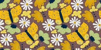padrão sem emenda de primavera escandinava com borboleta e margarida no inseto marrom background.yellow com asas e flores. sem costura padrão colorido para têxteis de bebê. vetor