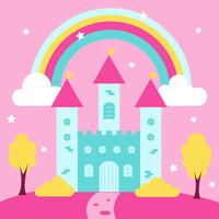 Princesa fofa castelo com arco-íris e paisagem vetor