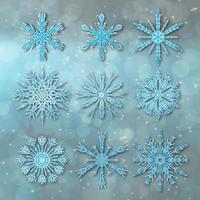 ilustração em vetor de floco de neve em fundo desfocado azul escuro. elementos de design de decoração de férias de inverno. cartão de feliz ano novo.