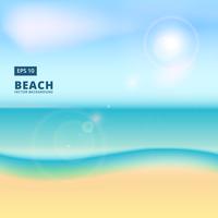 Praia embaçada e céu azul com sol de verão estourar flare, vector background