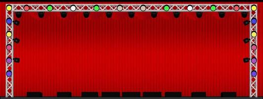 palco de teatro ou concerto com cortina vermelha e estrutura de aço e muitas cores de holofotes e monitor de alto-falante. para festa variada. ilustração vetorial eps10 vetor