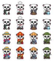 ilustração em vetor de panda bonito dos desenhos animados com pose e mão para cima e traje diferente.