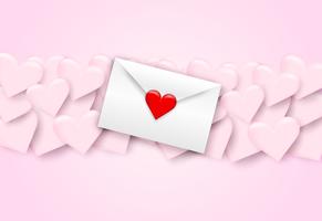 Feliz dia dos namorados de fundo. cartas de amor, envelope branco e coração vermelho no fundo rosa, papel estilo de arte. Vetor. vetor