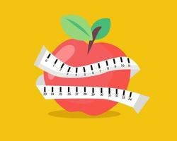 dieta e conceito de peso de perda de vida saudável. há maçã vermelha e fita métrica em vetor de desenho animado para seu projeto
