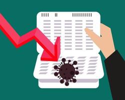 economia com o conceito de crise covid-19. há vírus com a seta vermelha para baixo quebra o livro da conta bancária no estilo vetorial de desenho animado para o seu design vetor