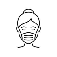 mulher no ícone da linha de máscara facial médica. use respirador contra poluição do ar, vírus, alergia e poeira. máscara de proteção facial cobre nariz e boca da menina. ilustração vetorial. vetor