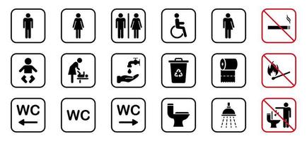 ícone de silhueta de banheiro. conjunto de sinal de wc. banheiro, pictograma de banheiro. banheiro público para deficientes, masculino, feminino, transgênero. quarto mãe e bebê. sinal de não fume. ilustração vetorial. vetor
