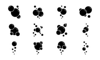 conjunto de ícones de silhueta de bolhas de espuma de sabão. bolhas de círculo de água preta em pictograma de formas diferentes. bebida com gás, lavanderia, água com gás, conceito de limpeza. ilustração vetorial isolado. vetor