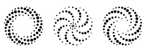 conjunto de padrão de meio-tom em espiral. pontos pretos em círculo sobre fundo branco. modelo minimalista de redemoinho redondo. gire o design moderno abstrato. ilustração vetorial. vetor