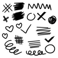conjunto de cruzes de doodle, cheques diferentes, corações, círculos e redemoinhos. vetor