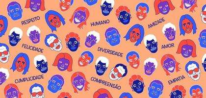 ilustração que simboliza a diversidade no português brasileiro.tradução - respeito, humano, amizade, felicidade, diversidade, amor, cumplicidade, compreensão, empatia. vetor