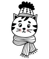 gato bonito no chapéu de inverno e cachecol. ilustração vetorial. doodle linear desenhado à mão de personagem de gato para design e decoração vetor