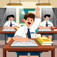 um aluno levanta a mão na sala de aula