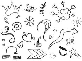 setas abstratas, fitas, coroas, corações, explosões e outros elementos em estilo desenhado à mão para design de conceito. ilustração de doodle. modelo de vetor para decoração