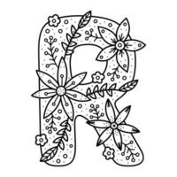 alfabeto floral. letra doodle incolor r. livro de colorir para adultos e crianças. vetor