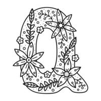 alfabeto floral. letra doodle incolor q. livro de colorir para adultos e crianças. vetor