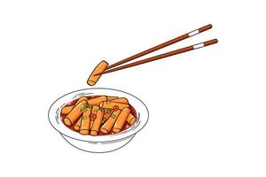 bolos de arroz coreano tteokbokki em molho picante quente. desenho de ilustração vetorial vetor