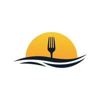 pôr do sol de frutos do mar com ilustração de ícone de vetor de logotipo de restaurante de garfo ou colher