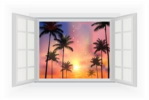 belo pôr do sol com palmeiras de vista de janela aberta vetor