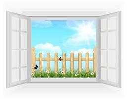janela aberta com fundo de primavera, grama e cerca de madeira vetor
