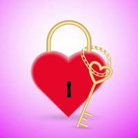 cadeado de coração de casamento e chave de ouro vetor
