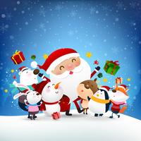 Boneco de neve de Natal Papai Noel e animais dos desenhos animados sorriso com neve caindo fundo 002 vetor
