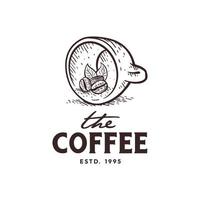 ilustração do design do logotipo da xícara e grão de café, com estilo vintage de desenho à mão vetor