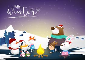 Olá inverno com desenhos animados de animais e neve da noite 002 vetor