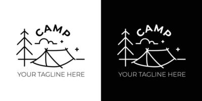 logotipo de acampamento preto e branco simples, design de logotipo de acampamento com linhas de símbolo na forma de floresta, tenda, paisagem, céu vetor