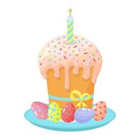 bolo de páscoa em um prato com uma vela e ovos coloridos. símbolo de feliz páscoa com fita de esmalte e laço. vetor