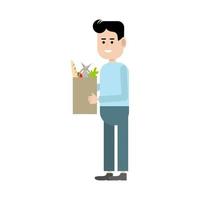 um homem com um saco de papel.um homem está segurando um saco de comida.a comida é feita sob encomenda.produtos para entrega.ilustração plana.imagem vetorial vetor