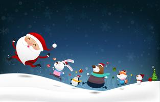 Boneco de neve de Natal Papai Noel e animais dos desenhos animados sorriso com neve caindo fundo 001 vetor