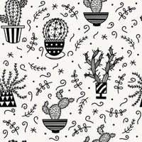 padrão de vetor sem costura bonito dos desenhos animados cactos. doodle preto desenhado à mão. delinear suculentas. plantas espinhosas em vasos. esboço botânico. lindo fundo vintage com flores em casa. monocromático.