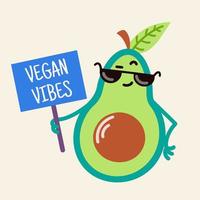 ícone de vetor de abacate bonito dos desenhos animados. vegetal legal em óculos de sol detém um banner. vibrações veganas. uma fruta verde engraçada com uma semente sorri. o personagem desenhado promove uma alimentação saudável. estilo plano.