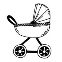 ícone de vetor de carrinho de bebê fofo. carrinho desenhado à mão isolado no fundo branco. um esboço de um carrinho de criança sobre rodas. rabisco preto fino. ilustração monocromática.