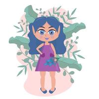 linda elfo menina bonitinha com cabelo roxo com flores em um fundo branco. ilustração dos desenhos animados. vetor