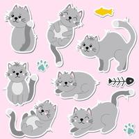 conjunto de gatos dos desenhos animados. adesivos de gatos engraçados em poses diferentes. ilustração vetorial vetor