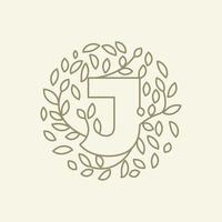 inicial j ou letra j com ornamento de folha no design de ilustração de ícone de vetor de logotipo moderno de luxo círculo