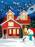 cena de inverno de natal com uma casa e boneco de neve vetor