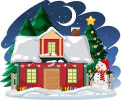 um boneco de neve está ao lado de uma casa na cena noturna vetor