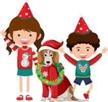 crianças com cachorro beagle vestindo roupas de natal vetor