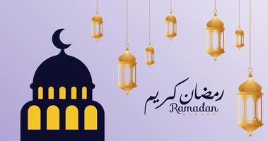 projeto de saudação ramadan kareem islâmico com ilustração de caligrafia árabe ramadan kareem e mesquita em fundo violeta claro. ilustração de lanterna. caligrafia árabe ramadan kareem vetor