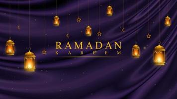 fundo de saudação ramadan kareem islâmico com lanterna de ouro sobre fundo roxo de luxo. ilustração vetorial ramadan kareem vetor