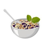salada de berinjela em cubos com folhas na tigela e com colher. cozinhar deliciosa comida saudável. ilustração vetorial plana vetor