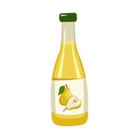 garrafa com suco de pêra amarela, frutas inteiras com folhas e metades com sementes. deliciosa bebida saudável e produto. ilustração plana de vetor de comida