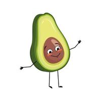 personagem de abacate com emoção feliz, rosto alegre, olhos de sorriso, braços e pernas. pessoa com emoticon de expressão, vegetal ou fruta. ilustração vetorial plana vetor