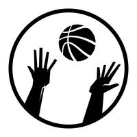 Ilustração em vetor de duas mãos de jogadores de basquete, alcançando uma bola de basquete
