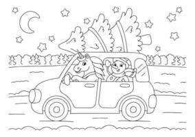boneco de neve e unicórnio estão dirigindo um carro para o feriado de natal. página do livro de colorir para crianças. personagem de estilo de desenho animado. ilustração vetorial isolada no fundo branco. vetor