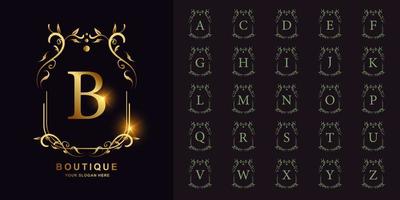 letra b ou alfabeto inicial de coleção com modelo de logotipo dourado de moldura floral ornamento de luxo. vetor